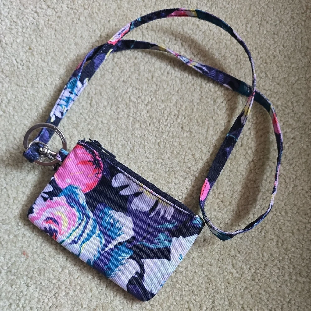 Vera Bradley Black Floral Lanyard ID Holder with Pink & Blue Accents